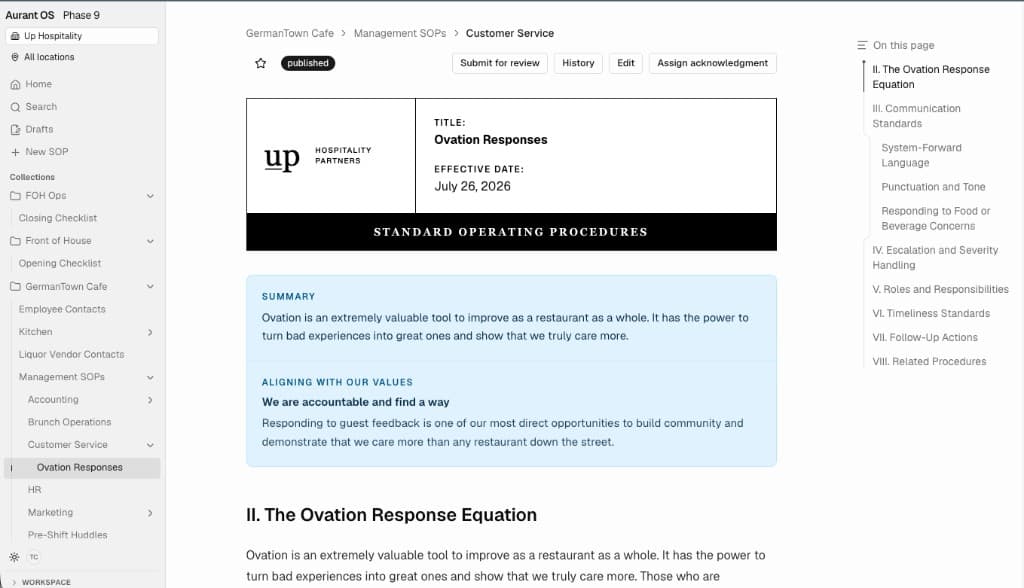 AurantOS product — published SOP with collections sidebar and on-this-page outline